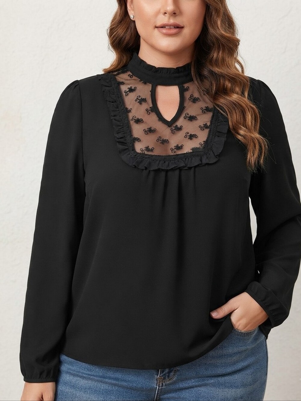 StyleDome Women's Black Sheer Mesh Embroidered Long Sleeve Blouse Large NWOT